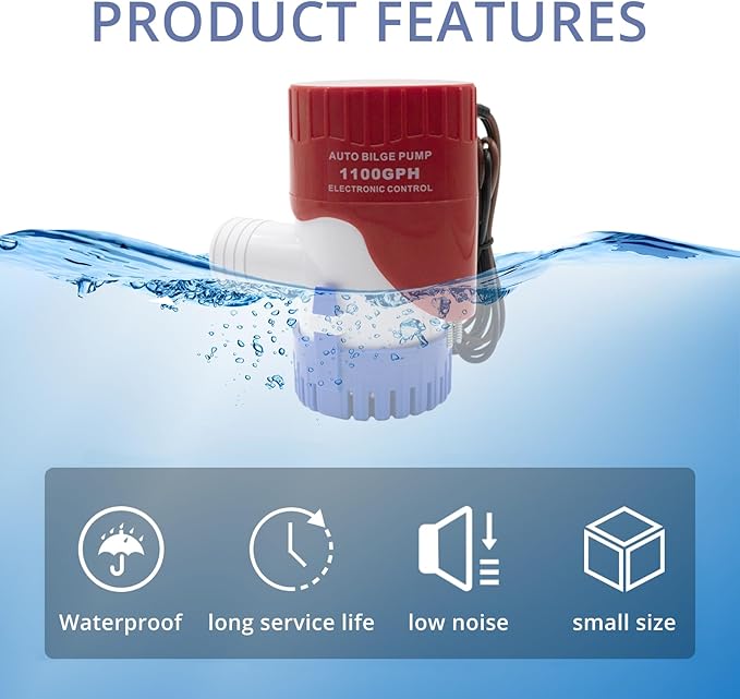 1100GPH 12 Volt Auto Bilge Pump Electric with Electrode Switch for Boat Submersible Marine Water Pump Accessories, Automatic Electric Bilge Pump, Water Pump Low Noise
