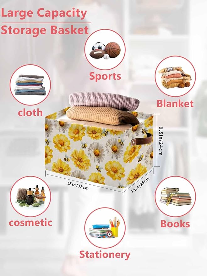 Golden Gray Chrysanthemum Storage Bins Cubes Waterproof Cloth Storage Basket,Farmhouse Bees Floral Rustic Foldable Storage Bags for Shelf Clothes Storages Organizers with Handles 15x11x9.5 in 2PCS
