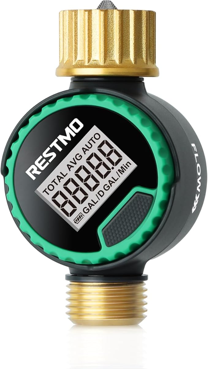 RESTMO 360° Rotatable Water Flow Meter, Pure Brass Inlet & Outlet Water Meter, Measure Gallon/Liter Consumption and Flow Rate for Garden Hose Watering, RV Water Tank Filling and Lawn Sprinkler