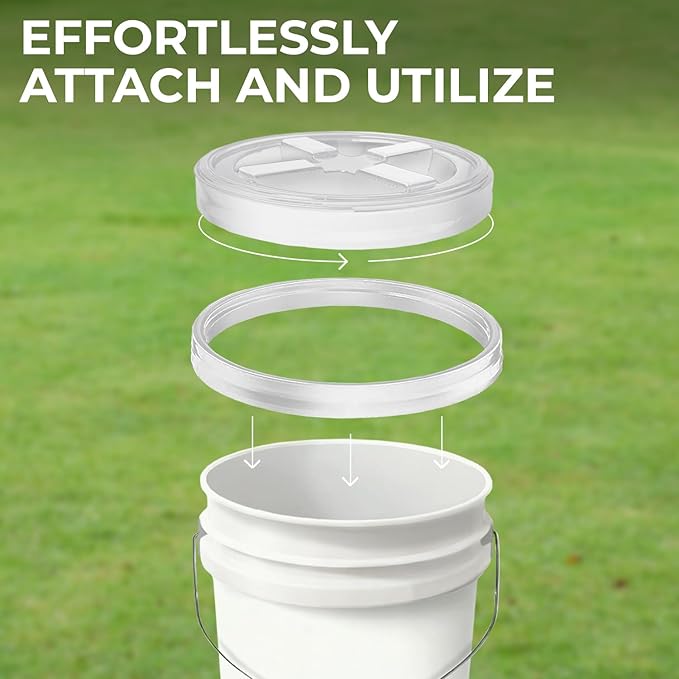5-Gallon Grey Bucket Pail with Gamma Seal Screw on Airtight Lid, Metal Handles with Plastic Grip for Easy Carrying, Easy Stack and Store, Heavy-Duty 90MIL Extra Durable, Food Grade, BPA Free - 5 Pack