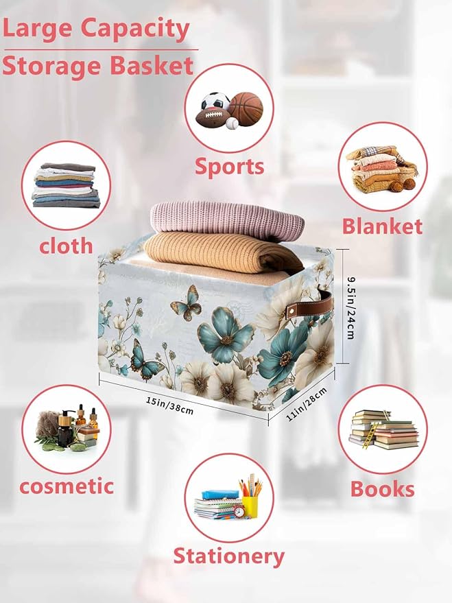 Teal Tulip Butterfly Storage Bins Cubes Waterproof Cloth Storage Basket,Beige Turquoise Floral Blue Coastal Foldable Storage Bags for Shelf Clothes Storages Organizers with Handles 15x11x9.5 in 2PCS