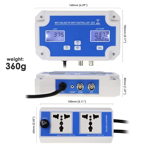 Smart pH ORP Controller Aquarium pH Monitor Wi-Fi for pH/ORP/Temp Measurements in Water w/Calibration, 3 in 1 Nutrient System Dual-Plug Fit with CO2 Bottle & O3 Generator for Hydroponics Plants