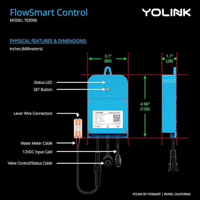 NSF Certified Pulse Meter + Shutoff Valve Kit, 1", FlowSmart Controller YS5006 Reads Meter Pulses, Real-Time Usage & Leak Detection, Auto Shutoff (D2D Offline), LoRa Long Range, Hub Included