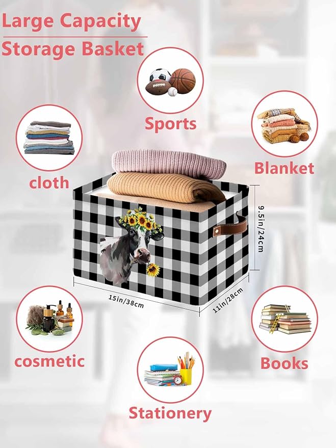 Sunflowers Cow Storage Bins Cubes Waterproof Cloth Storage Basket, Farm Animal Black Buffalo Plaid Foldable Storage Bags for Shelf Closet Clothes Storages Organizers with Handles 15x11x9.5 in 1PCS