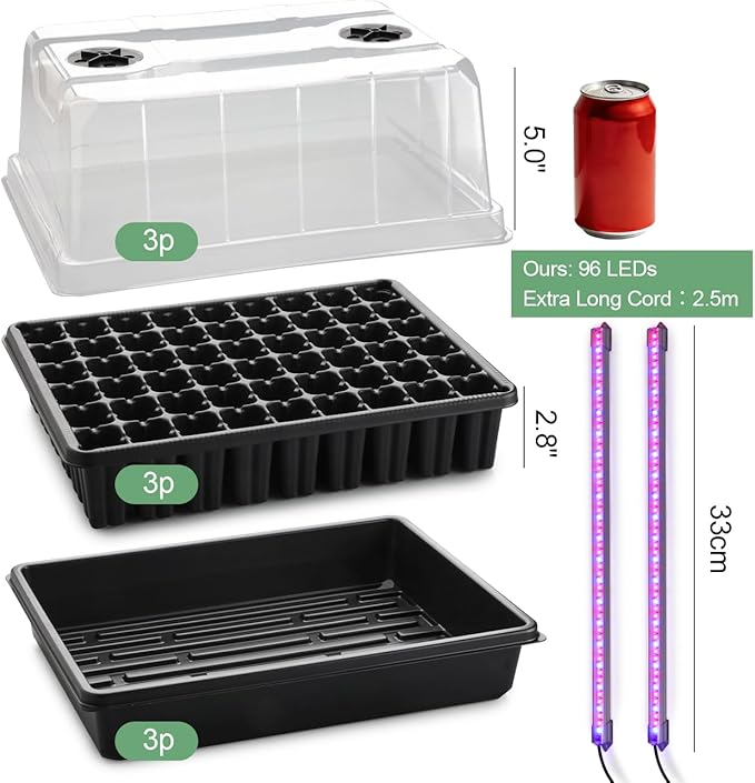 Seed Starter Tray with Grow Lights - 3-Pack 54 Cell Seedling Starter Kit, 5" Tall Humidity Dome & 2.8" Deep Cells, 96-LED Full Spectrum Plant Light with Timer/Dimmable, Reusable Germination Station