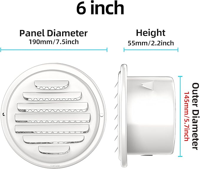 White 304 Stainless Steel Air Vents Cover, piiyoosnn Louvered Grille Cover Vent Flat Ducting Air Vent Wall Inlet with Built-in a Fly Screen Mesh for HVAC Ventilation (6 inch (150mm) White Paint)