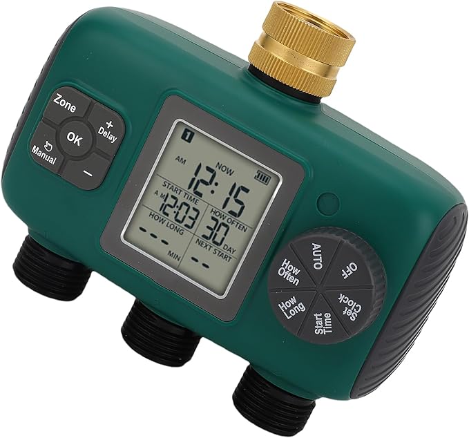 3 Outlet Sprinkler Timer with Brass Ports, Water Proof, NH4 / 3in Male Thread, LCD Display - Efficient Irrigation Controller, Adjustable Watering Schedules, Ideal for Outdoor Gar