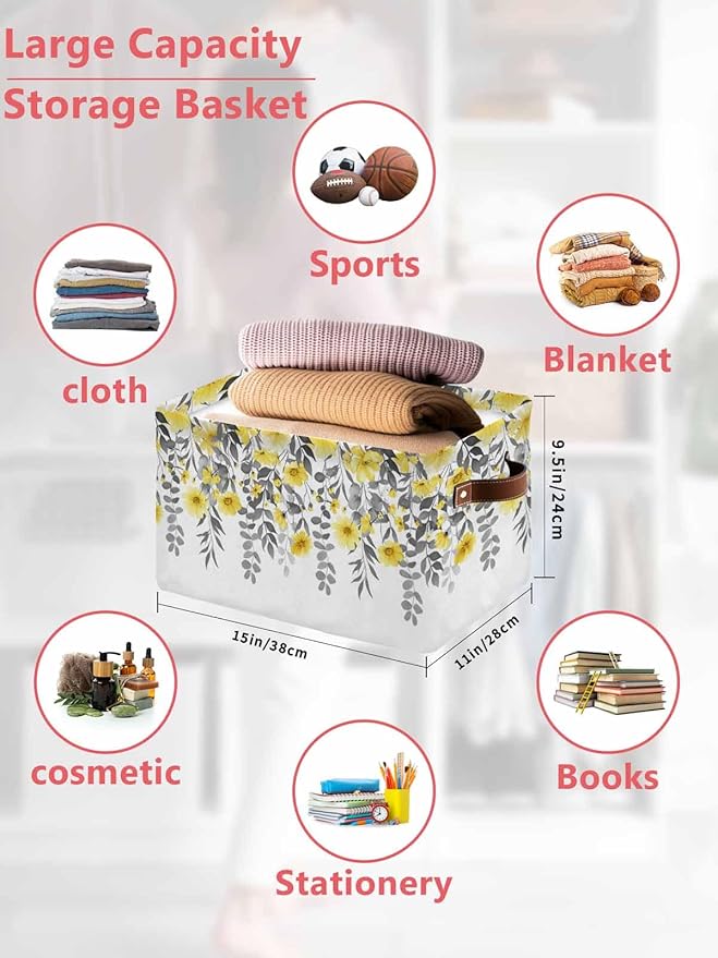 Yellow Floral Storage Bins Cubes Waterproof Cloth Storage Basket, Farmhouse Spring Flowers Leaves Foldable Storage Bags for Shelf Closet Clothes Storages Organizers with Handles 15x11x9.5 in 2PCS