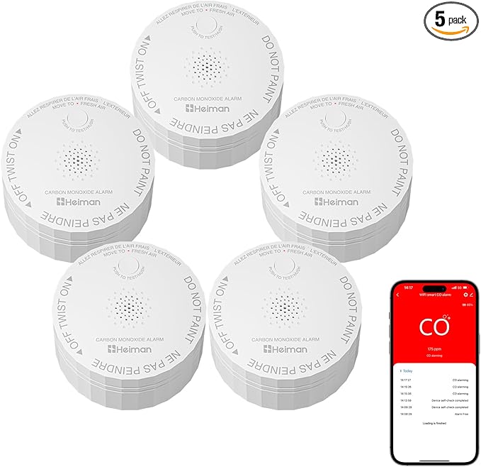 HEIMAN Smart Carbon Monoxide Detectors, Wi-Fi Nano CO Alarm, UL 2034 5th Certified, Real-Time App Notifications, Battery Powered, Test-Reset Button, 10-Year Figaro Sensor, Portable for Trave, 5-Pack