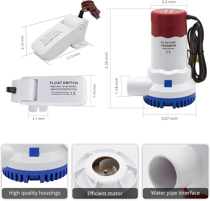 Electric Boat Bilge Pump with Float Switch for Boat Set, 1500GPH 12V Bilge Pump Kit with Automatic Float Switch