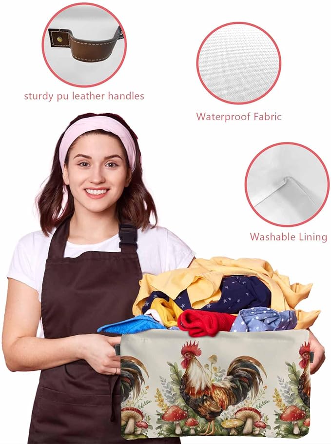 Farmhouse Rooster Storage Bins Cubes Waterproof Cloth Storage Basket, Rustic Farm Mushroom Eucalyptus Leaves Foldable Storage Bags for Shelf Closet Clothes Organizers with Handles 15x11x9.5 in 2PCS