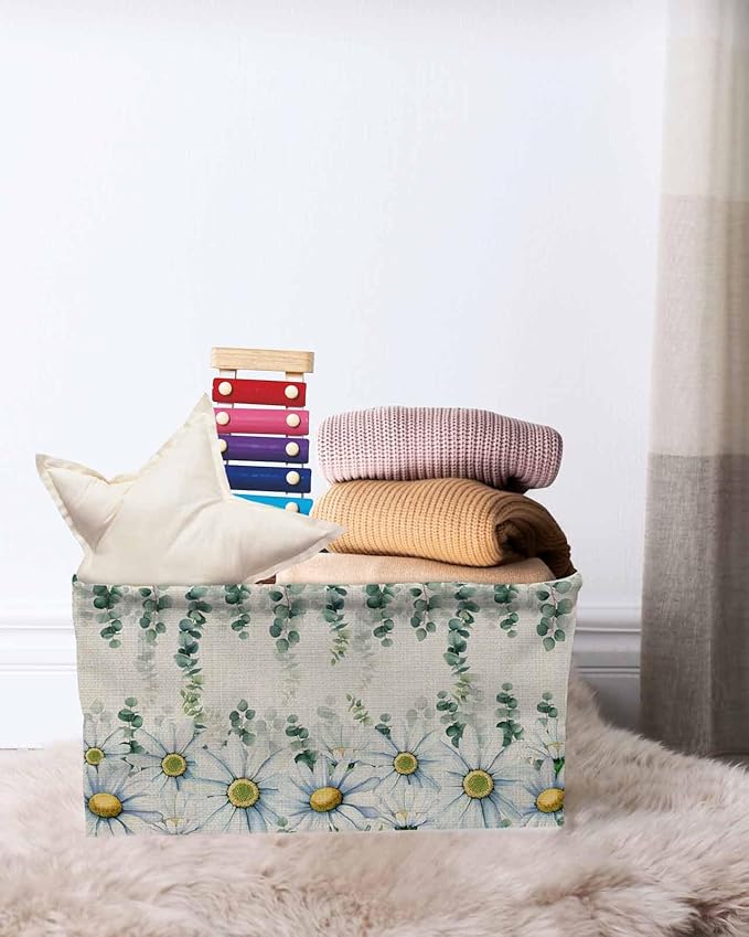 Daisy Eucalyptus Leaves Storage Bins Cubes Waterproof Cloth Storage Basket,Rustic Weeping Botanical Linen Foldable Storage Bags for Shelf Clothes Storages Organizers with Handles 15x11x9.5 in 2PCS