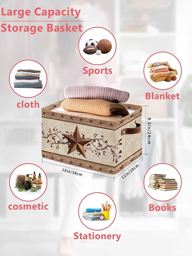 Farmhouse Texas Star Brown Storage Bins Cubes Waterproof Cloth Storage Basket, Berry Vintage Wooden Foldable Storage Bags for Shelf Closet Clothes Storages Organizers with Handles 15x11x9.5 in 1PCS