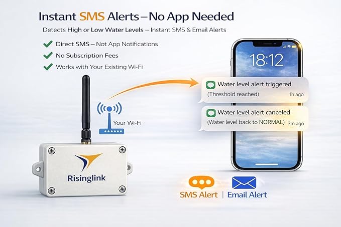 WiFi Water Level Monitor Alarm, High OR Low Water Level Alerts, Text & Email Notifications, Battery Powered, Stainless Steel Float Sensor with 10 ft Cable, Indoor/Outdoor Use