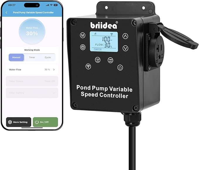 briidea WiFi Variable Speed Waterfall Pump Controller with App Control, Timer, 3 Modes, 10 Level Flow Control, LCD Display, Compatible with PGPSPEPAPBPCTT Series Pumps up to 900W for Koi Ponds, HSCR