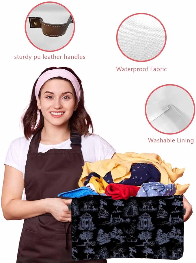Farmhouse Country Storage Bins Cubes Waterproof Cloth Storage Basket, Vintage Black French Garden Horse Swan Foldable Storage Bags for Shelf Closet Clothes Organizers with Handles 15x11x9.5 in 2PCS