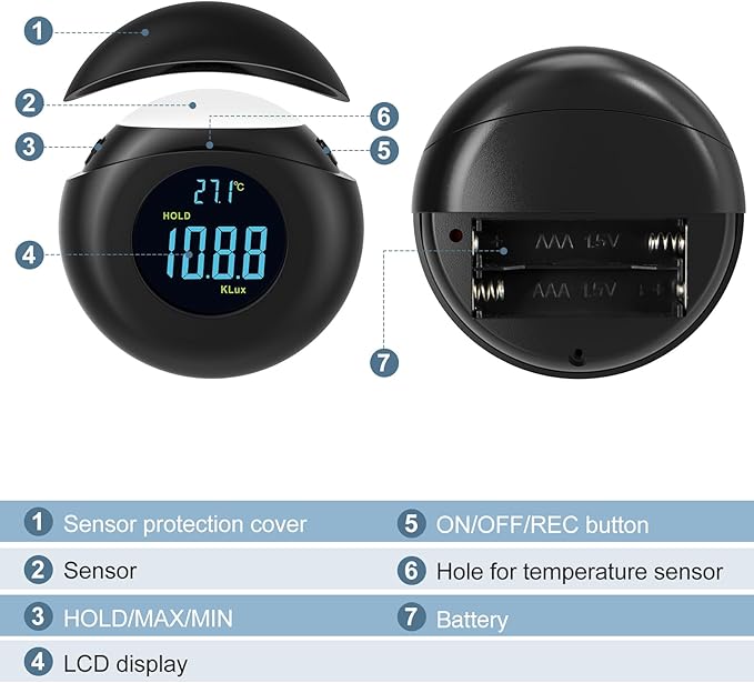 Light Meter Digital Illuminance Meter Handheld Ambient Measurer with 360° Detector, Measurer with Range up to 200,000 lux with LCD Display, Light Meter for Factories, Warehouses, Offices