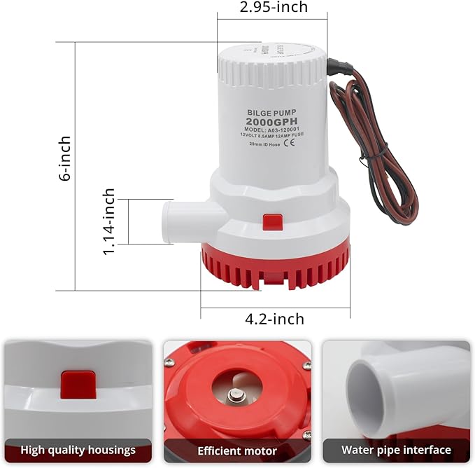 HXH 2000 GPH Bilge Pump Kit for Boats 12V, with PVC Bilge Pump Hose 1-1/8-Inch,2 PCS Stainless Steel Hose Clamps and Thru-Hull Fitting Set, for Marine, Yachts, Live Well Kit for for Cruisers