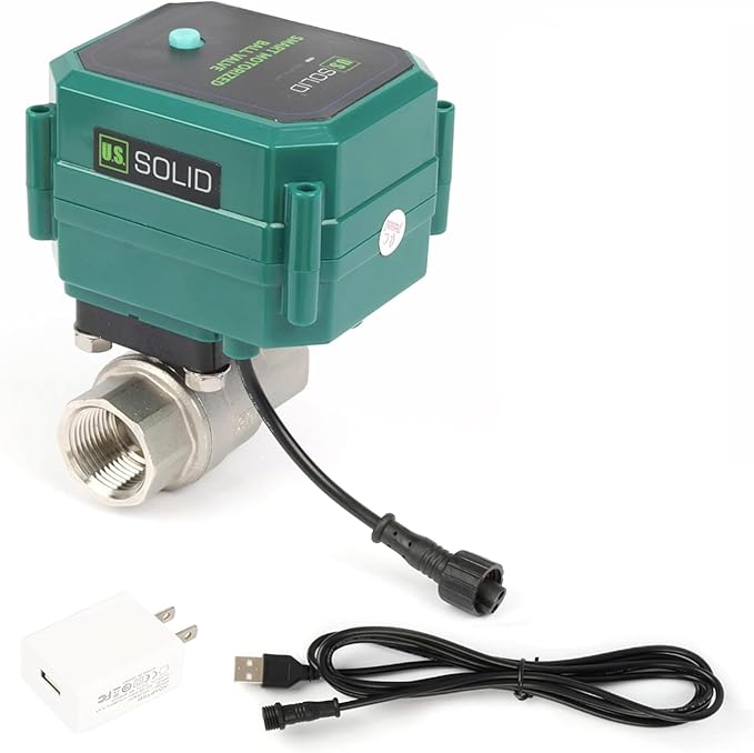 U.S. Solid 1-1/2" Smart Motorized Ball Valve - Remote App Mobile Control NSF Certified 304SS Electrical Ball Valve with Manual Switch, 5V DC USB Connection