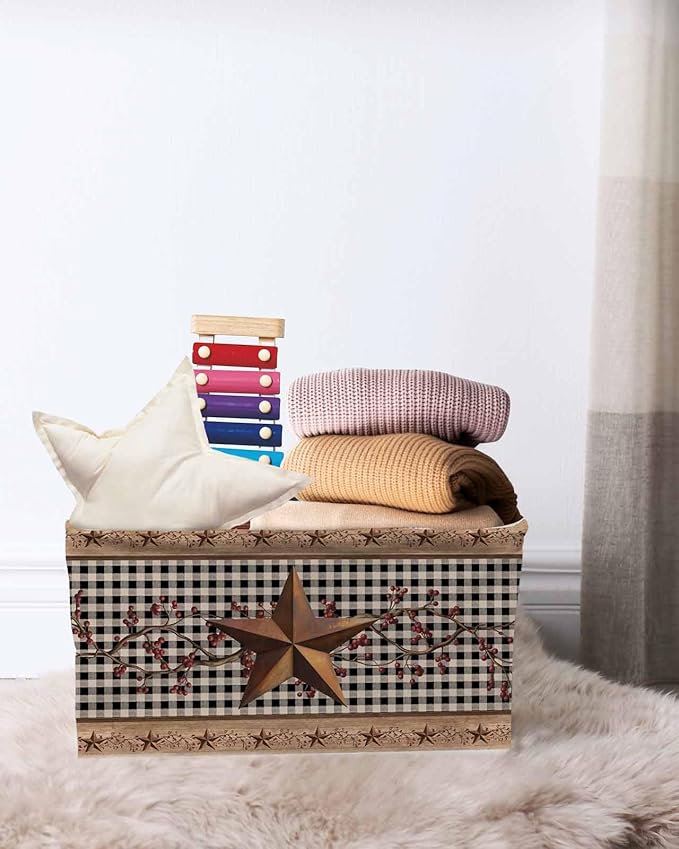 Vintage Texas Star Brown Storage Bins Cubes Waterproof Cloth Storage Basket,Black Plaid Berry Farmhouse Foldable Storage Bags for Shelf Clothes Storages Organizers with Handles 15x11x9.5 in 1PCS