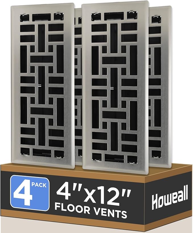 Howeall 4x12 Inches 4 Pack Heavy Duty Walkable Floor Register - Easy Adjust Air Supply Lever Decorative Floor Vent Covers, Seattle Design Vent Covers for Home - Satin Nickel