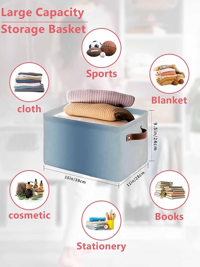 Blue Grey Ombre Storage Bins Cubes Waterproof Cloth Storage Basket, Farmhouse Gradient Minimalist Foldable Storage Bags for Shelf Closet Clothes Storages Organizers with Handles 15x11x9.5 in 2PCS
