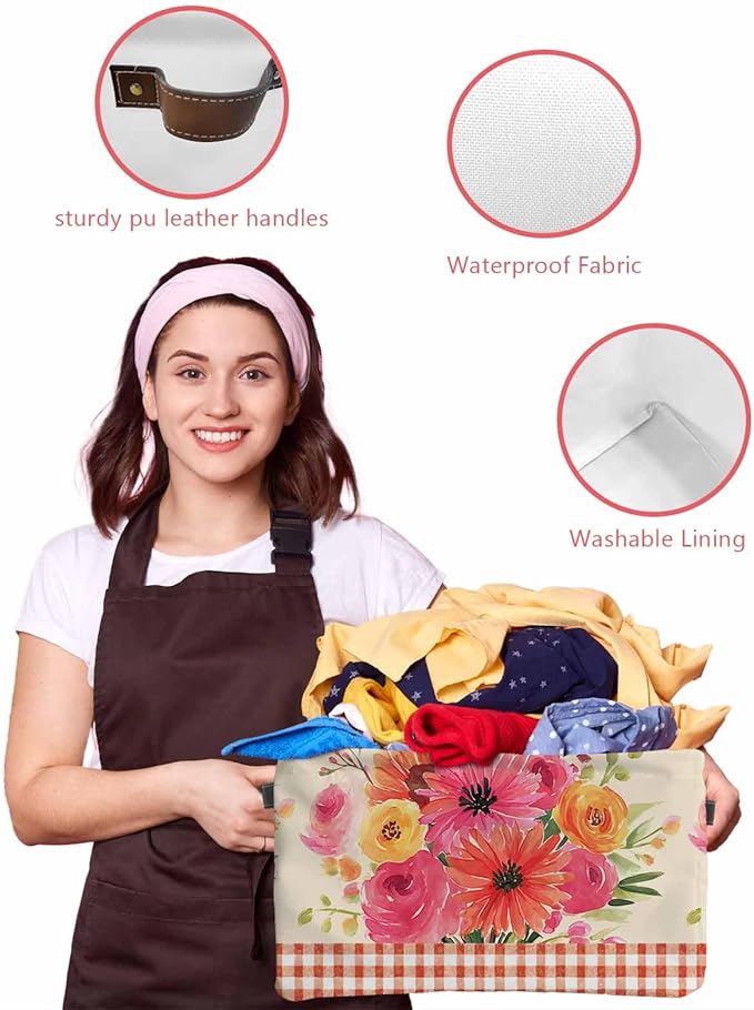Spring Flowers Storage Bins Cubes Waterproof Cloth Storage Basket,Vintage Pastoral Floral Leaves Farm Checkered Foldable Storage Bags for Shelf Storages Organizers with Handles 15x11x9.5 in 1PCS