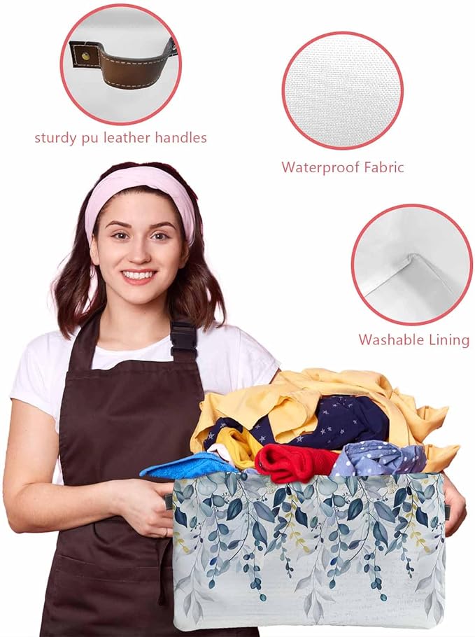 Navy Blue Eucalyptus Leaves Storage Bins Cubes Waterproof Cloth Storage Basket,Retro Country Leaf Botanical Foldable Storage Bags for Shelf Clothes Storages Organizers with Handles 15x11x9.5 in 2PCS