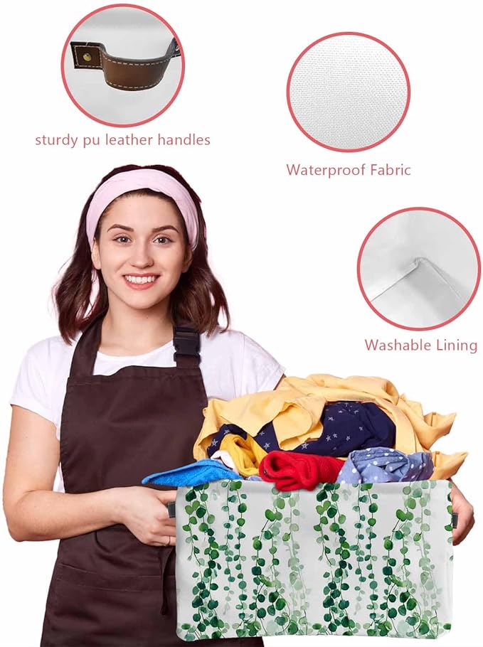 Green Weeping Eucalyptus Storage Bins Cubes Waterproof Cloth Storage Basket,Spring Summer Country Leaves Foldable Storage Bags for Shelf Clothes Storages Organizers with Handles 15x11x9.5 in 1PCS