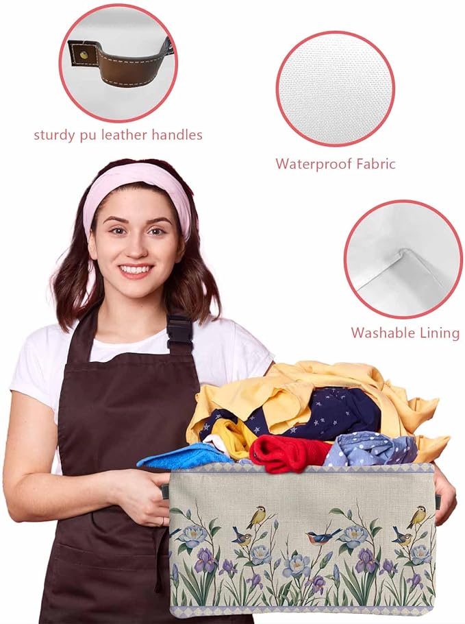 Spring Flowers Storage Bins Cubes Waterproof Cloth Storage Basket,Vintage Floral Leaves Birds Farmhouse Plaid Foldable Storage Bags for Shelf Clothes Storages Organizers with Handles 15x11x9.5 in 2PCS