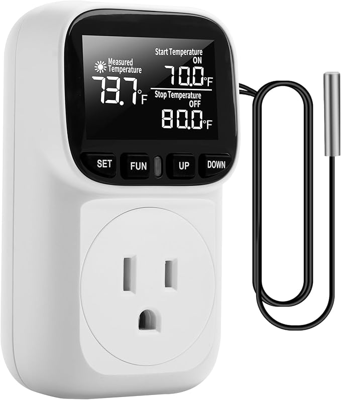Diymore Digital Temperature Controller Outlet - Precise Heating/Cooling Control for Greenhouse, RV & Incubator (5A/1800W, -40°F to 210°F)