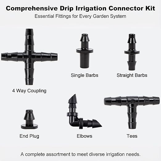 RAINFLOW Drip Irrigation Fittings Kit 1/4 Inch – Barbed Connectors, Tees, Elbows, End Plugs and Couplings, Tool-Free Drip Irrigation Parts for Garden, Greenhouse and Lawn Watering Systems