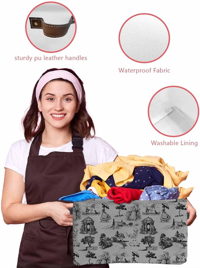 Farmhouse Country Storage Bins Cubes Waterproof Cloth Storage Basket, Vintage French Garden Horse Swan Foldable Storage Bags for Shelf Closet Clothes Organizers with Handles 15x11x9.5 in 2PCS