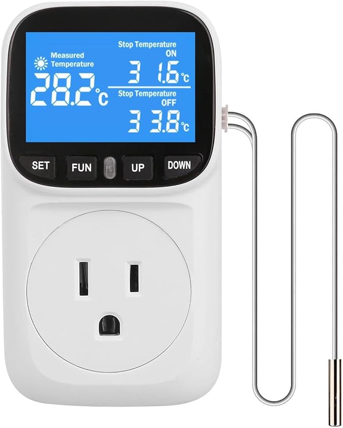 Digital Temperature Controller, Heavy Duty 15A/1800W Thermostat Outlet Plug, VA Display Heating Cooling Control Timer, -40℉~210℉, Cyclic Timing/Countdown, for Greenhouse Incubator Homebrew