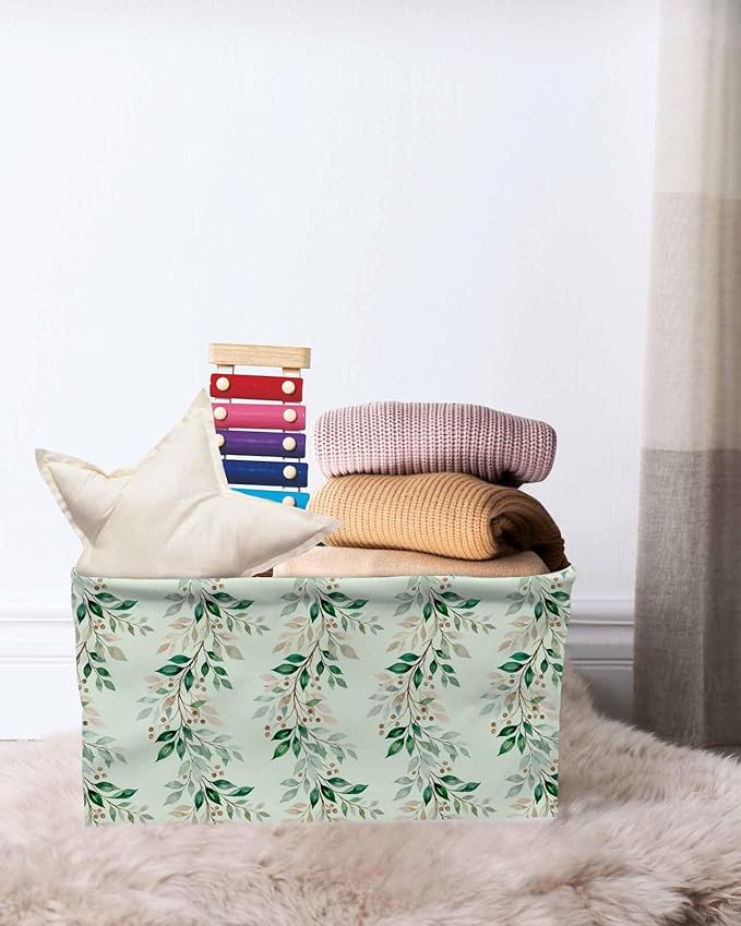 Botanical Leaves Storage Bins Cubes Waterproof Cloth Storage Basket, Weeping Berry Spring Plants Summer Foldable Storage Bags for Shelf Closet Clothes Organizers with Handles 15x11x9.5 in 2PCS