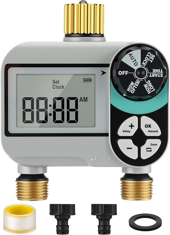 Kingdder Sprinkler Timer for Yard with Brass Inlet and Outlet Watering Timer for Garden Hose Timers Automatic Irrigation System with Rain Delay/Manual/ IP54 Waterproof(2 Outlet)