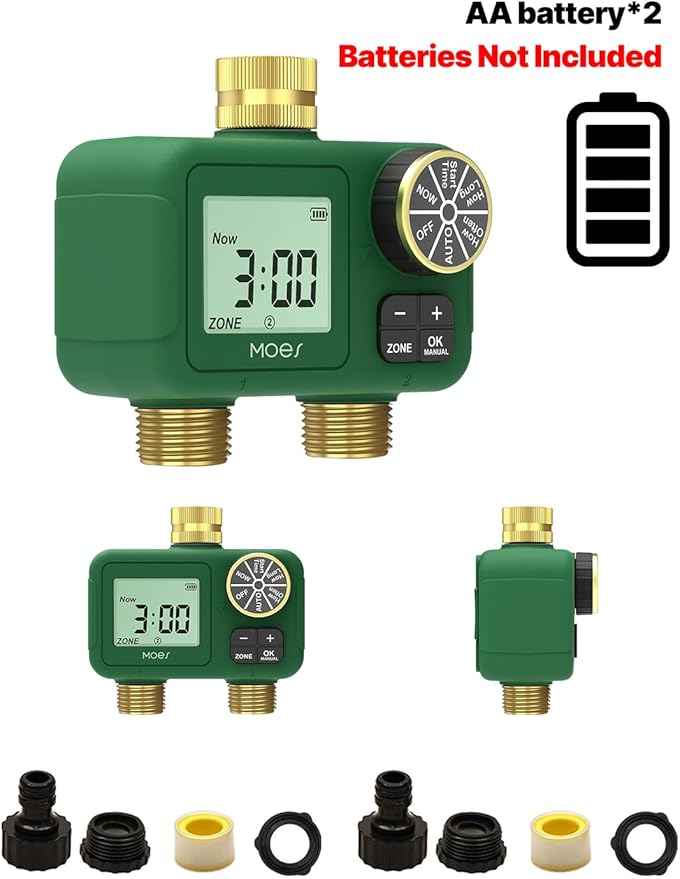 MOES 2 Zone Water Timer for Garden Hose, Heavy Duty Solid Brass Inlet & Outlets, Programmable Sprinkler Timer Battery Operated, Automatic Dual Faucet Valve with Sequential Watering (Non-WiFi)