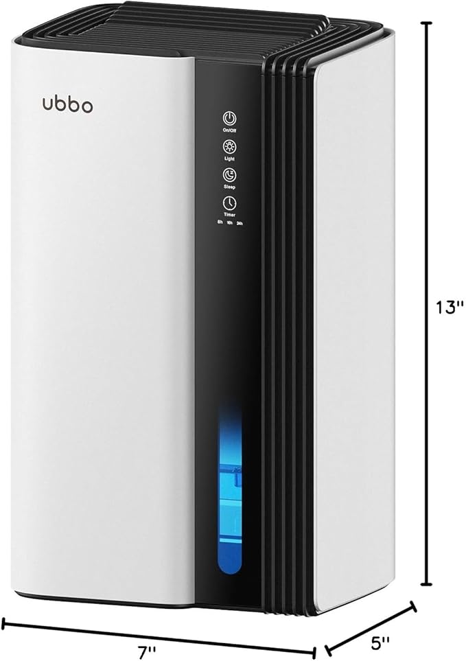UBBO 95oz Dehumidifiers for Home, 1000 Sq.Ft Dehumidifier with Drain Hose - Auto Shut Off, Timer, Sleep Mode & Drain Hose - 7 Color Light for Bedroom, Bathroom, RV - White