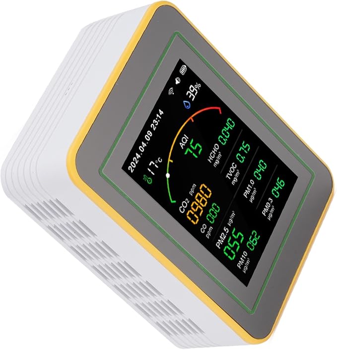 Eujgoov Air Quality Detector, 15 in 1 WiFi APP Control CO2 HCHO TVOC PM2.5 PM10 Temperature Humidity Monitor, with Smart Timer and Real Time Data, for Indoor Air Quality Tester (White Yellow)
