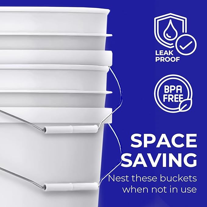 6.5-Gallon White Bucket Pail Container with Lid | Food Grade | Heavy-Duty 90MIL Extra Durable | Metal Handles with Plastic Grip for Easy Carrying | Multi-Use | Easy Stack and Store | BPA Free - 2 Pack