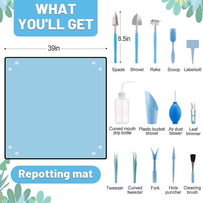 20pcs Small Gardening Tools Gifts for Women Beginners - Garden Hand Tools Set for Indoor Succulent Bonsai Plants Transplanting, Included 39.4" Plant Repotting Mat/Miniature Shovel/Labels, Blue