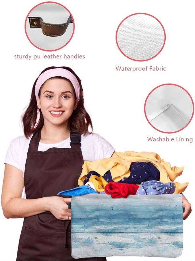 Summer Blue Ocean Storage Bins Cubes Waterproof Cloth Storage Basket, Farmhouse Wooden Grain Modern Art Foldable Storage Bags for Shelf Closet Clothes Organizers with Handles 15x11x9.5 in 2PCS