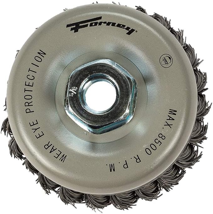 Forney 72868 Wire Cup Brush, Twisted/Knotted Wire, Double Row, Industrial Pro® 4" x .020" Wire with 5/8"-11 Arbor