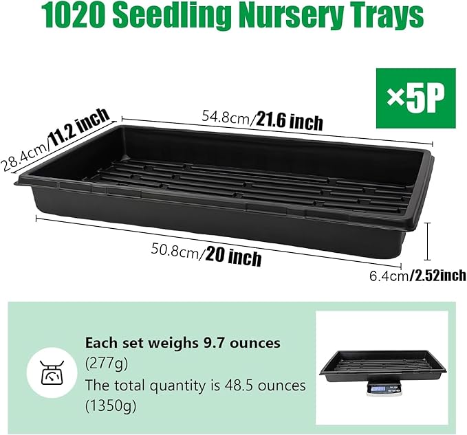 RooTrimmer Plant Growing Nursery, Standard 1020 Trays Plastic Sturdy Farmer Self Seedling Tray for Microgreens Indoor Nursery Pots Transplantation (5-Pack, 21.6"×11.2", 2.52" Deep, no Holes)