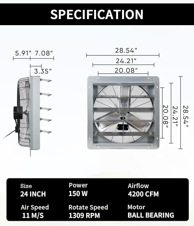 24 Inch Shutter Exhaust Fan, Vent Fan with Power Cord Wall-Mount, High Speed 4200 CFM for Garages, Attic, Shops, Greenhouse