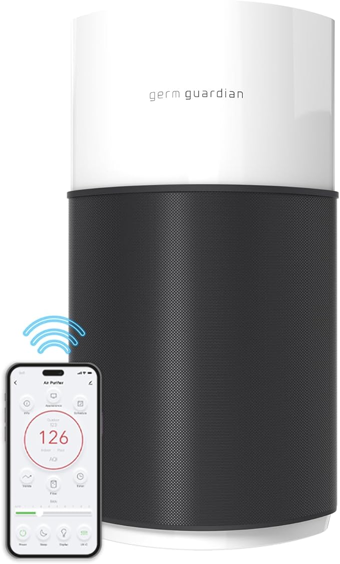 GermGuardian AirSafe+ XL Smart Air Purifier for Home 360° True HEPA Filter, UV-C, WiFi/App Enabled, Air Quality Monitor, Large Rooms Up to 1680 Sq Ft, For Smoke, Dust, Pet Dander, Black/White, AC3250