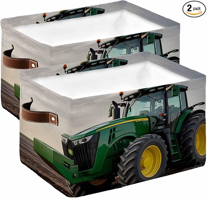 Farm Tractor Storage Basket with Handles for Shelves Closet, Green Truck Country Rustic Field Harvester Collapsible Fabric Cube Storage Organizer Bins for Shelves, Closet 2Pieces