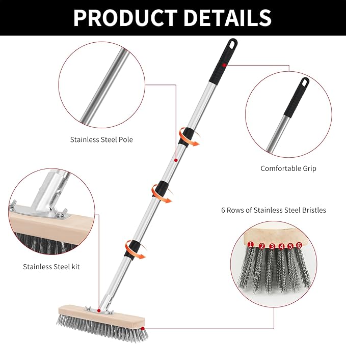 Stainless Steel Wire Scrub Brush with Long Handle, Moss Remover Wire Broom for Deck, Rough Surface, Concrete Floor, Patio, Garden, Garage (Silvery)