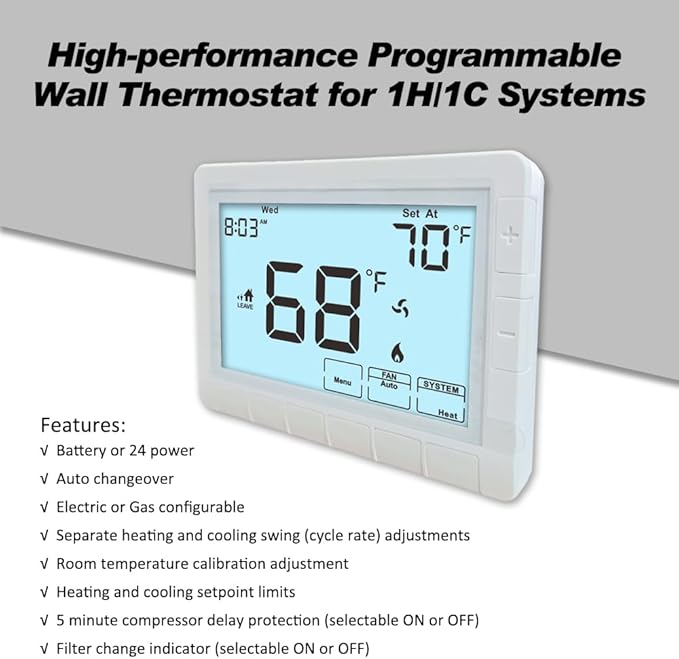 Programmable Auto Changeover Thermostat for House, Conventional Single-Stage Systems,1 Heat/1 Cool, Extra Large Display, Smart Auto Switching, White Backlight