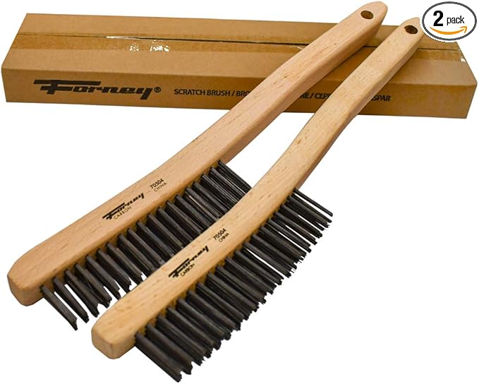 Forney 70504A 2-Pack Carbon Steel Wire Brush's with Curved Wood Handle, 13-3/4-Inch-by-.014-Inch, Assorted